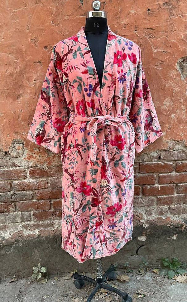 Indian Bird Printed Luxury Velvet House Robes Unisex Kimono