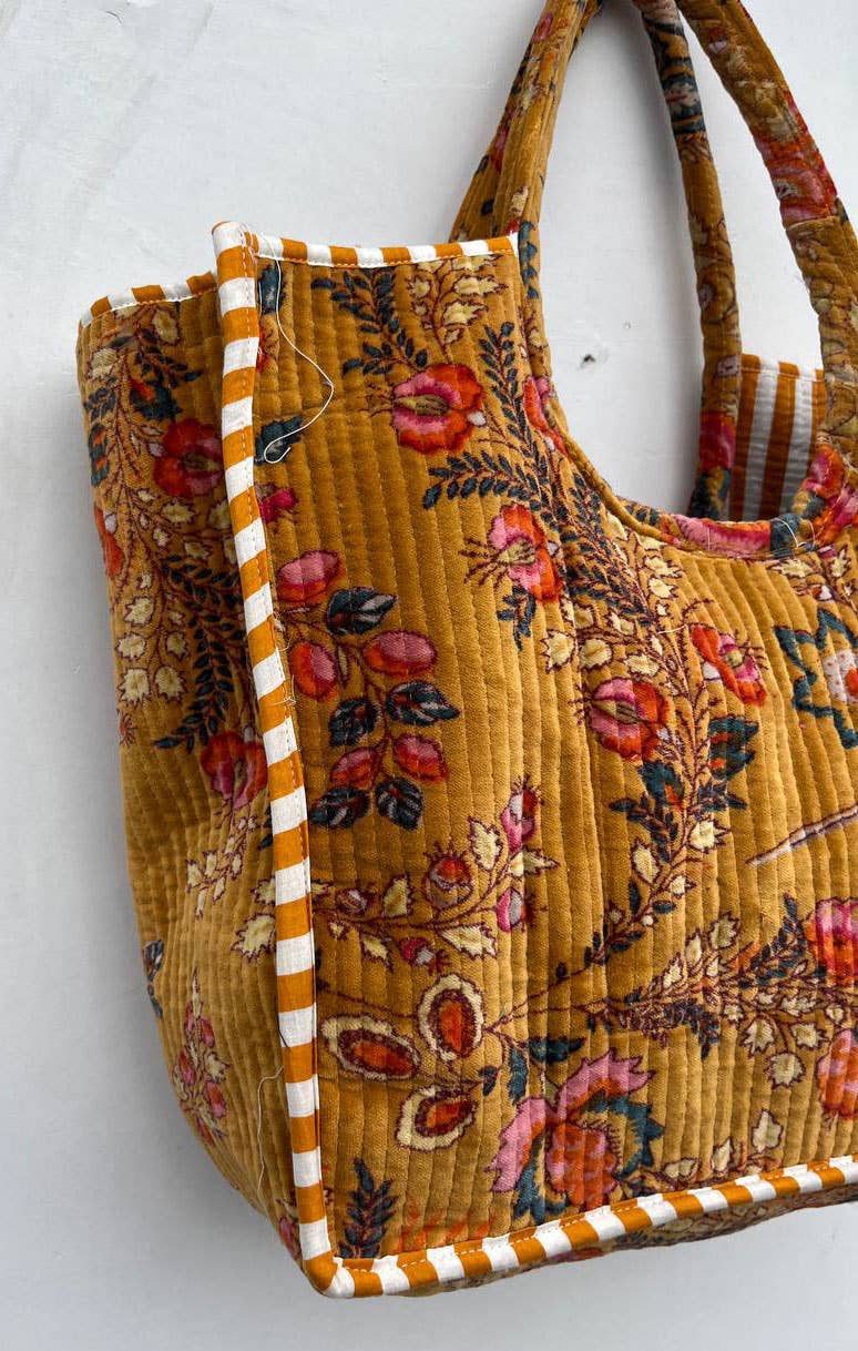Traditional Floral Print Velvet Tote Bag Quilted Cotton Bags