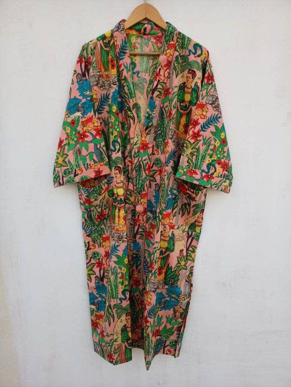 Pure Cotton Hand Block Frida Kahlo Print Robe Cotton Kimono