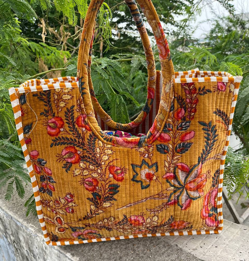 Traditional Floral Print Velvet Tote Bag Quilted Cotton Bags