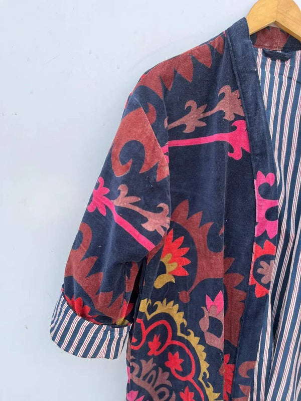 Indian Handmade Velvet Kimono Printed Night Wear Gown