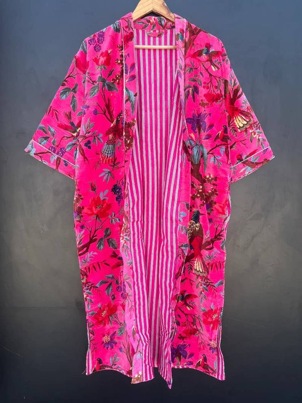 Morning Tea Velvet Kimono Coat Bird Print Cotton Velvet Robe