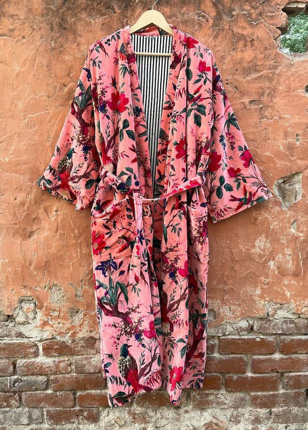 Indian Bird Printed Luxury Velvet House Robes Unisex Kimono
