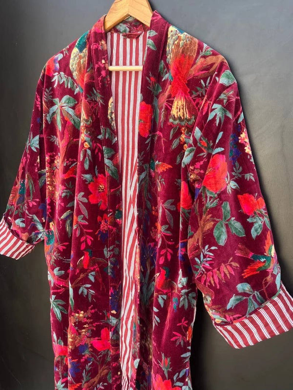 Women Wear Cotton Velvet Robe Bird Print Velvet Kimono Robes