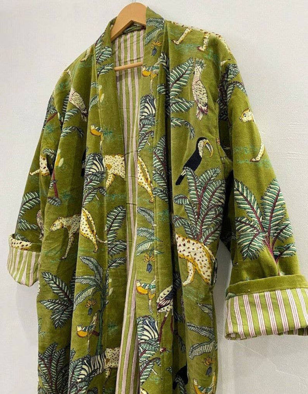 Green Jungle Print Velvet Kimono Robe Morning Tea Women Coat