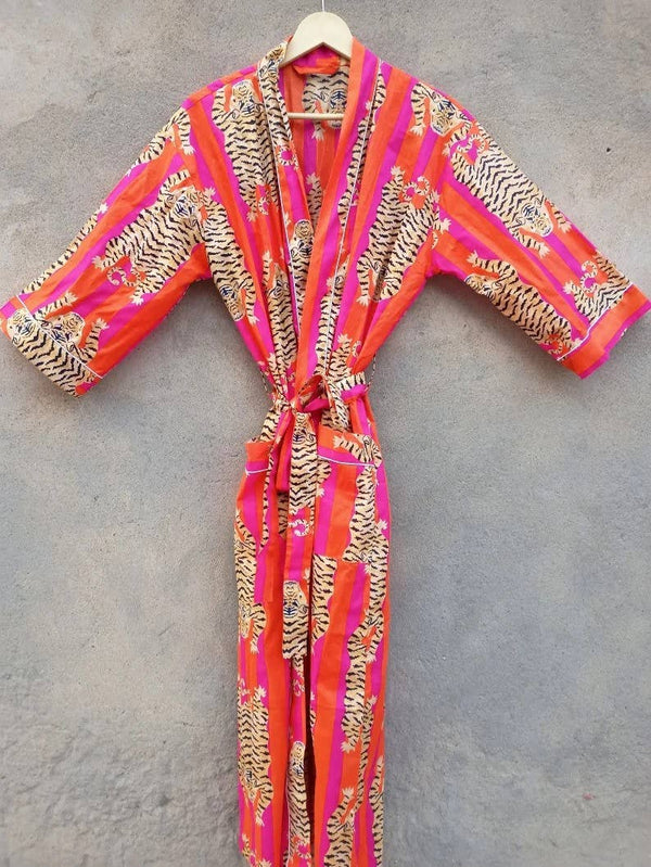 Cotton Kimono Robe Dressing Gown Block Print Bridesmaid Robe