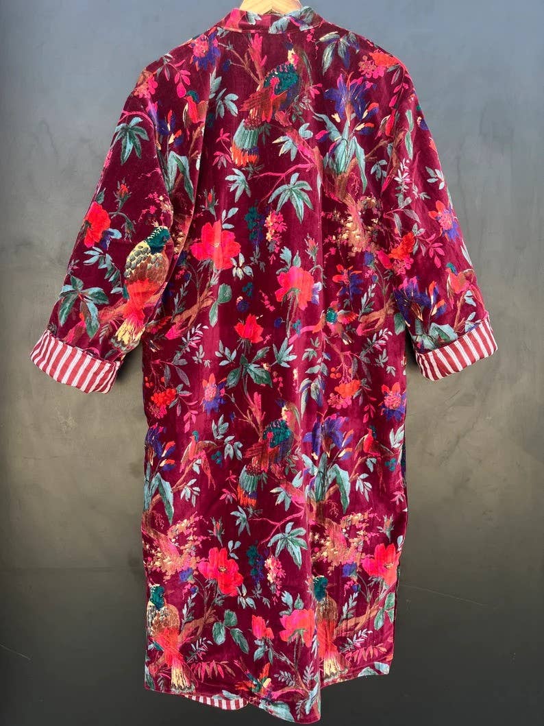 Women Wear Cotton Velvet Robe Bird Print Velvet Kimono Robes