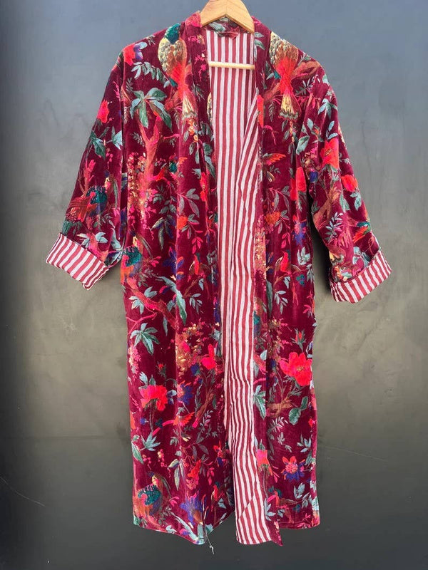Women Wear Cotton Velvet Robe Bird Print Velvet Kimono Robes