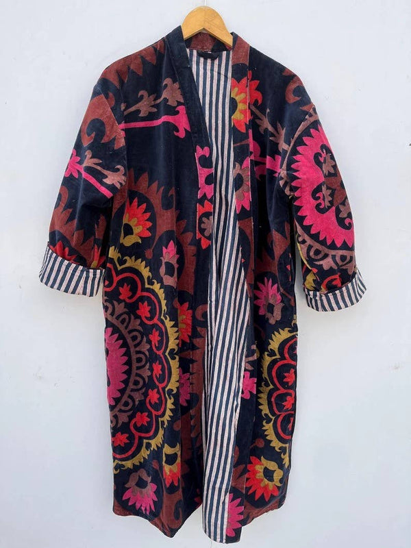 Indian Handmade Velvet Kimono Printed Night Wear Gown