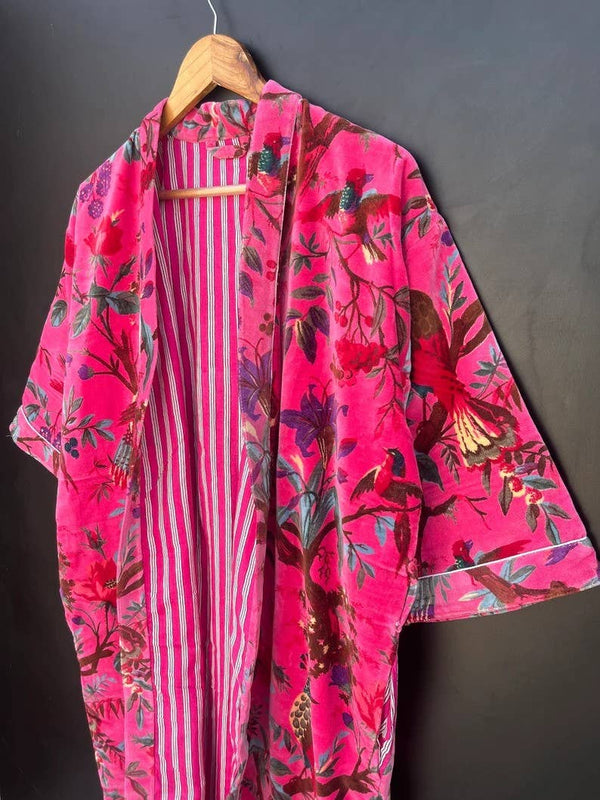 Morning Tea Velvet Kimono Coat Bird Print Cotton Velvet Robe