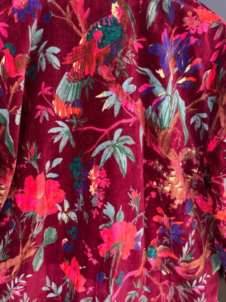 Women Wear Cotton Velvet Robe Bird Print Velvet Kimono Robes