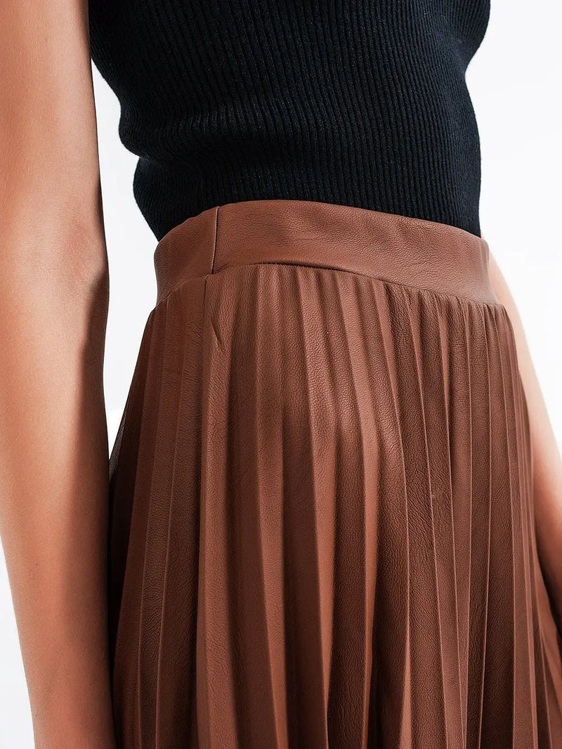 Brown Leather Pleated // Skirt
