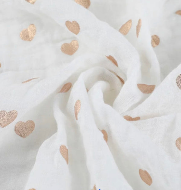 Metallic Embossed Rose Gold Heart Muslin Swaddle